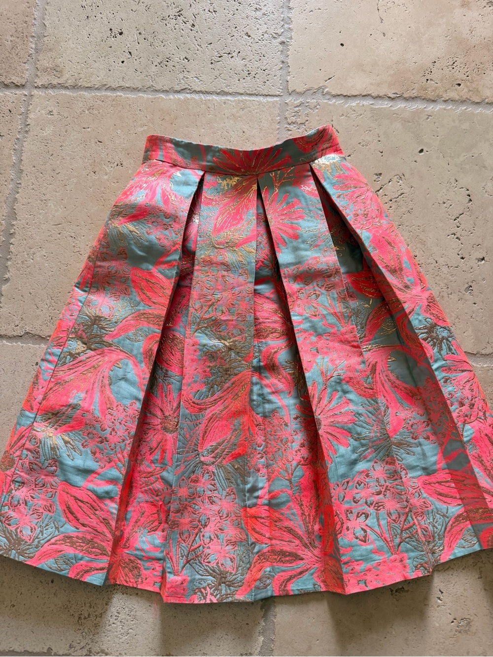 Gianni Bini pink and Teal Floral Pleated Midi Skirt metallic thread